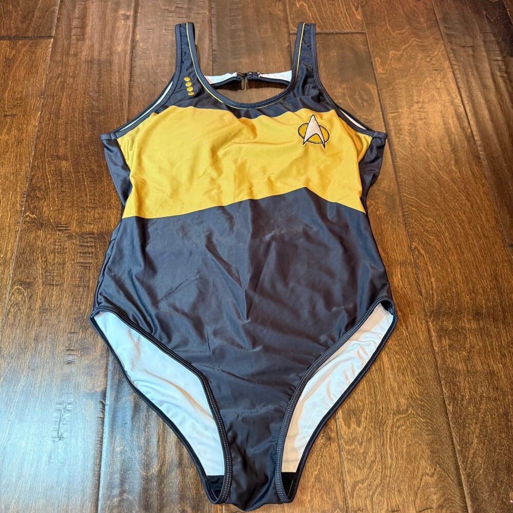 Star Trek TNG Starfleet Command One-Piece Swimsuit Thinkgeek Black Gold Size XL